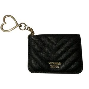 Victoria's Secret Black Quilted Card Holder with Gold Heart Keychain